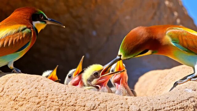 Due gruccioni stanno dando da mangiare ai loro piccoli pulcini nel nido