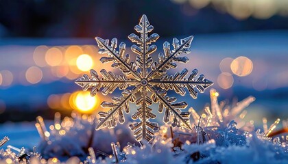 Close up Macro of a delicate ice crystal snowflake resting on frosted grass with warm golden bokeh lights in the background during winter season