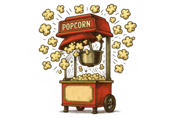 Vintage popcorn cart cooking fresh snack for movies, carnival, and entertainment events, transparent background