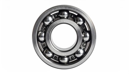 Close Up Macro Shot of a Ball Bearing with Silver Metal Rollers and a White Background