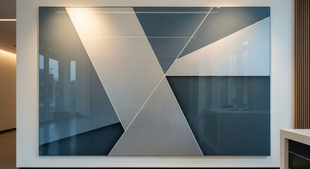 Obraz premium Large modern abstract geometric art piece featuring blue, grey, and white shapes on a wall in an interior setting.