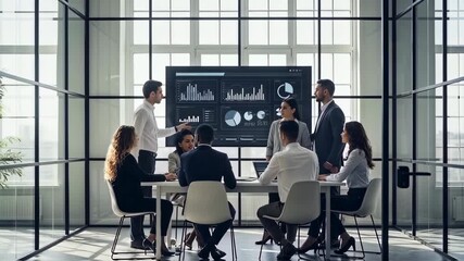 Diverse business professionals present data analytics on a large screen during a corporate meeting in a modern office - Powered by Adobe