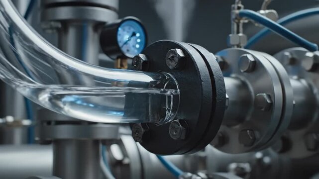 Industrial Pipes and Gauges in a Modern Factory Setting with Flowing Liquid.