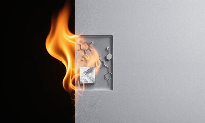 Antimony flame retardant Transparent materials showing antimony preventing fires, protective chemistry visible, safety applications demonstrated, fire test view, antimony silver