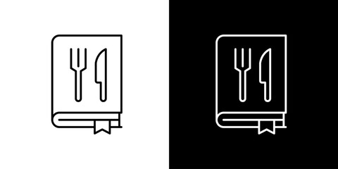 Outline icon of a cookbook with a fork and knife on the cover, a symbol for recipes, culinary arts, and gastronomic guides