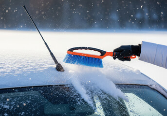 Naklejka premium Removing snow from car roof with brush