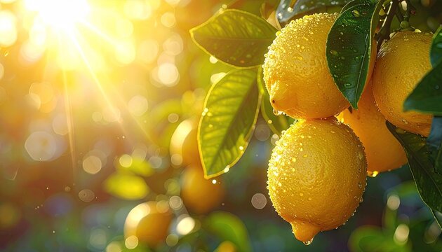 Close up of ripe yellow lemons hanging from a leafy green branch bathed in warm golden sunlight creating a vibrant citrus orchard scene with sparkling water droplets - Powered by Adobe