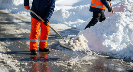 Workers clearing snow from icy winter road