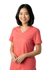 Fototapeta premium Smiling young asian woman wearing coral scrubs with a necklace against a solid black background studio portrait
