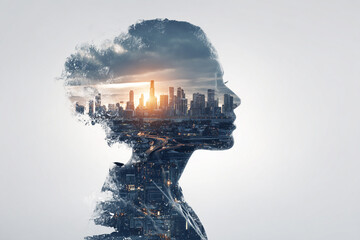 Digital Marketing and Technological Integration: Mind of a Business Leader Overlayed with Modern Metropolis.