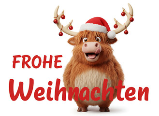 Frohe Weihnachten Grußkarte Postkarte Karte, Illustration mit Text – Lustiges schottische Hochlandrinder mit Weihnachtsmütze oder Nikolausmütze, isoliert auf weissem Hintergrund, Christmas / Holiday