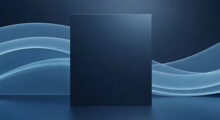 A dark blue rectangular panel stands in the center of a dark blue stage with abstract blue wavy lines on either side.