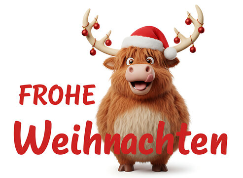 Frohe Weihnachten Grußkarte Postkarte Karte, Illustration mit Text – Lustiges schottische Hochlandrinder mit Weihnachtsmütze oder Nikolausmütze, isoliert auf weissem Hintergrund, Christmas / Holiday 