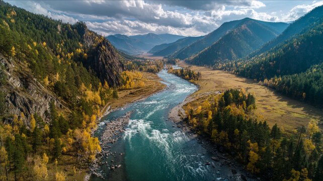Colorful himalayan landscape at sunset with towering mountains, winding river, lush green forest, blue sky with clouds, and golden sunlight illuminating a serene summer mountain valley in nepal - Powered by Adobe
