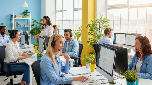 Smiling Diverse Customer Service Team Working with Headsets and Computers in Modern Open-Plan Office - Powered by Adobe