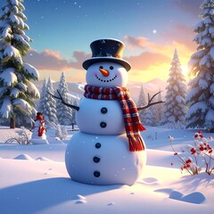 Obraz premium A happy snowman wearing a scarf and hat in a snowy winter scene