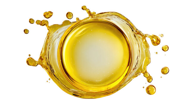  Oily liquid splashes forming a circular pattern with glossy reflective surface and dynamic motion isolated on white background