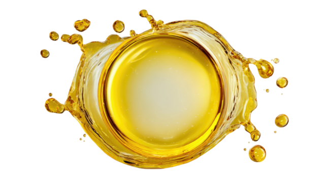  Oily liquid splashes forming a circular pattern with glossy reflective surface and dynamic motion isolated on white background