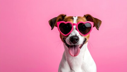 Close-up Portrait of a Happy Jack Russell Terrier Dog Wearing Pink Heart Shaped Sunglasses Against a Vibrant Pink Studio Background
