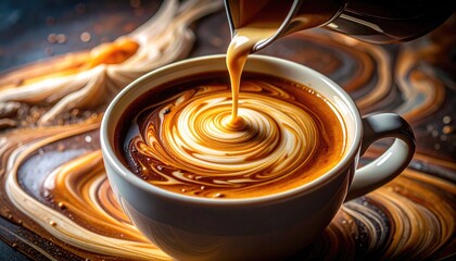 Creamy Latte Art Swirls In White Mug Macro Shot With Coffee Drizzle And Blurred Background During Morning Light