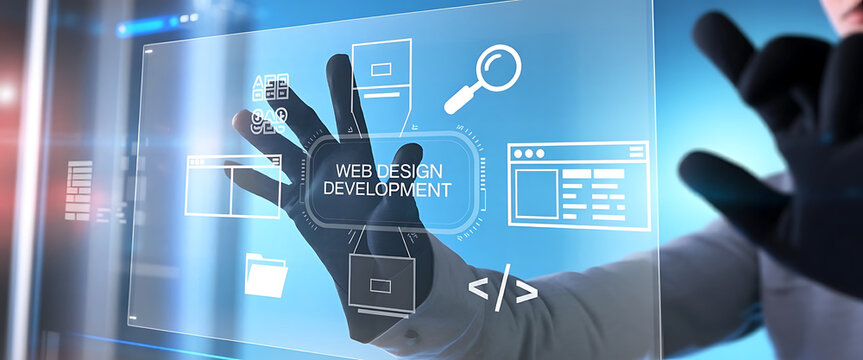 Developing programming and coding technologies with Website design in virtual diagram.cyber security internet and networking concept.Businessman hand working with VR screen.