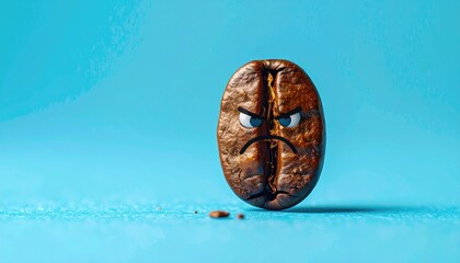 Close Up Of A Grumpy Coffee Bean Character With A Blue Background And Subtle Lighting
