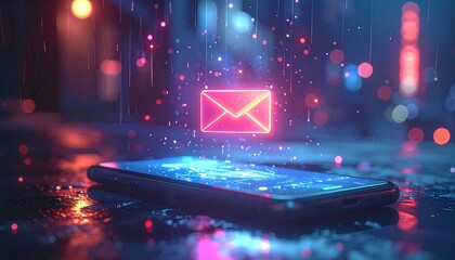 Glowing digital message symbol over a modern smartphone, set against a blurred, colorful, futuristic urban background