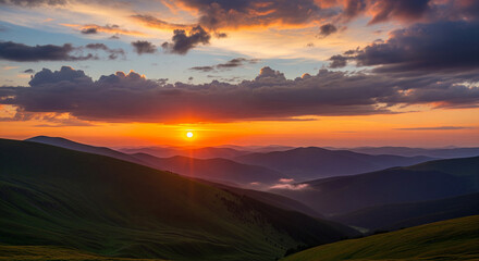 Stunning mountain landscape at sunset with vibrant orange sky and rolling hills, ideal for travel blogs, nature magazines, and inspirational content