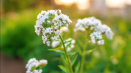 Obraz premium valerian. White valerian flowers swaying softly during golden hour in a botanical setting. gardening catalogs, home-decor guides, designed for home decor and floral branding, promotes healthy living.