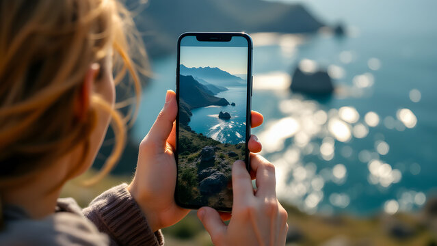 Digital nomad lifestyle, Travel blogger capturing content for social media at a scenic viewpoint. - Powered by Adobe