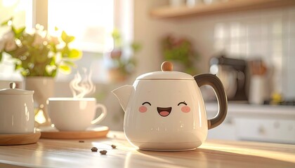 Fototapeta premium Cute Cartoon Teapot with Happy Face Steam Rising From Coffee Cup in a Bright Kitchen with Morning Sunlight