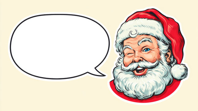 Cheerful vintage illustration of winking Santa Claus face with blank speech bubble. This Christmas holiday greeting graphic shows happy expression for message