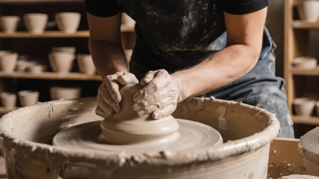 Close-up of potter's hands shaping clay on a spinning wheel in a pottery studio