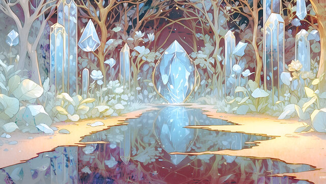 ゲーム背景　パステルカラーの童話風水晶のある川
