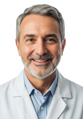 Professional portrait of a smiling middle aged man with gray hair and beard wearing a white lab coat