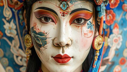 Close up of a Performers Face with Elaborate Traditional Makeup and Ornate Headdress in Blue and Red Hues
