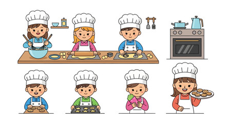 Children Baking Adorable Kids in Chef Hats Making Cookies and Desserts