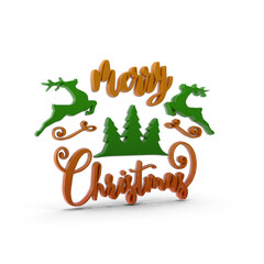 Merry christmas 3d orange text with green reindeer and pine trees