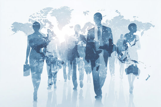 Group of Businesspeople Walking Over World Map Background