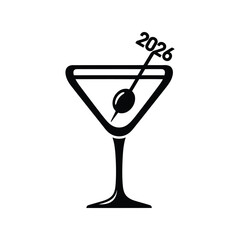 Martini glass with olive and 2026 toothpick new year celebration cocktail party