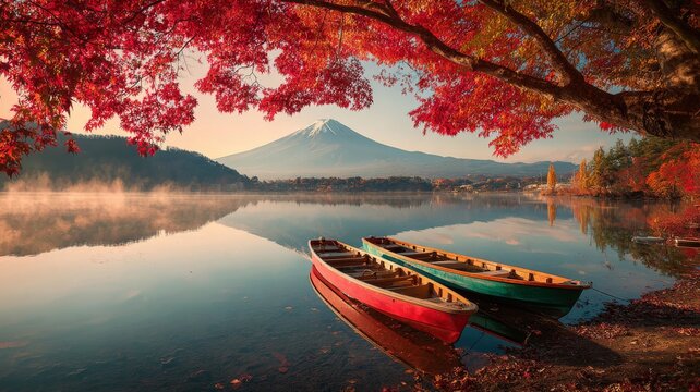Colorful autumn scenery with red maple leaves framing mount fuji and gentle morning fog over lake kawaguchiko in japan creating a serene seasonal landscape - Powered by Adobe