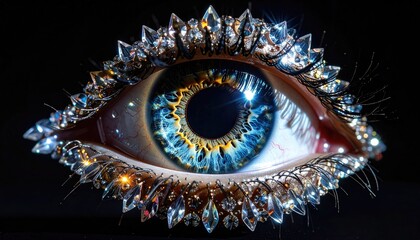 Close up of a realistic human eye adorned with sparkling diamonds and golden glitter against a dark background symbolizing vision and beauty