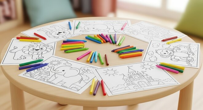 Colorful coloring pencils and animal-themed coloring pages on wooden table
