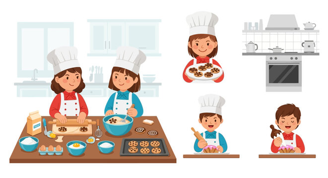 Cheerful kids baking cookies in the kitchen with baking ingredients, various cooking styles illustrations