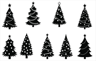 Obraz premium Christmas tree silhouette collection with decorations and star toppers