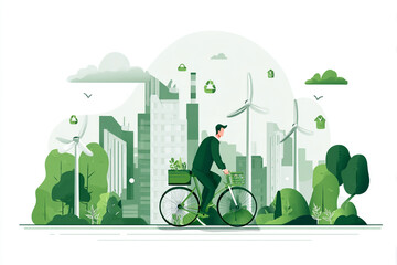 Green Business Concept: Businessman Commuting by Bicycle in Eco-Friendly City with Wind Turbines