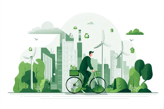 Green Business Concept: Businessman Commuting by Bicycle in Eco-Friendly City with Wind Turbines