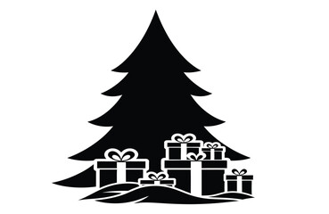 Black christmas tree silhouette with gifts on white background