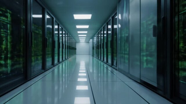 Data center server room interior with racks of digital information and network technology