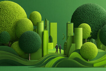 Businessmen in a Monochromatic Green Cityscape with Stylized Trees and Hills